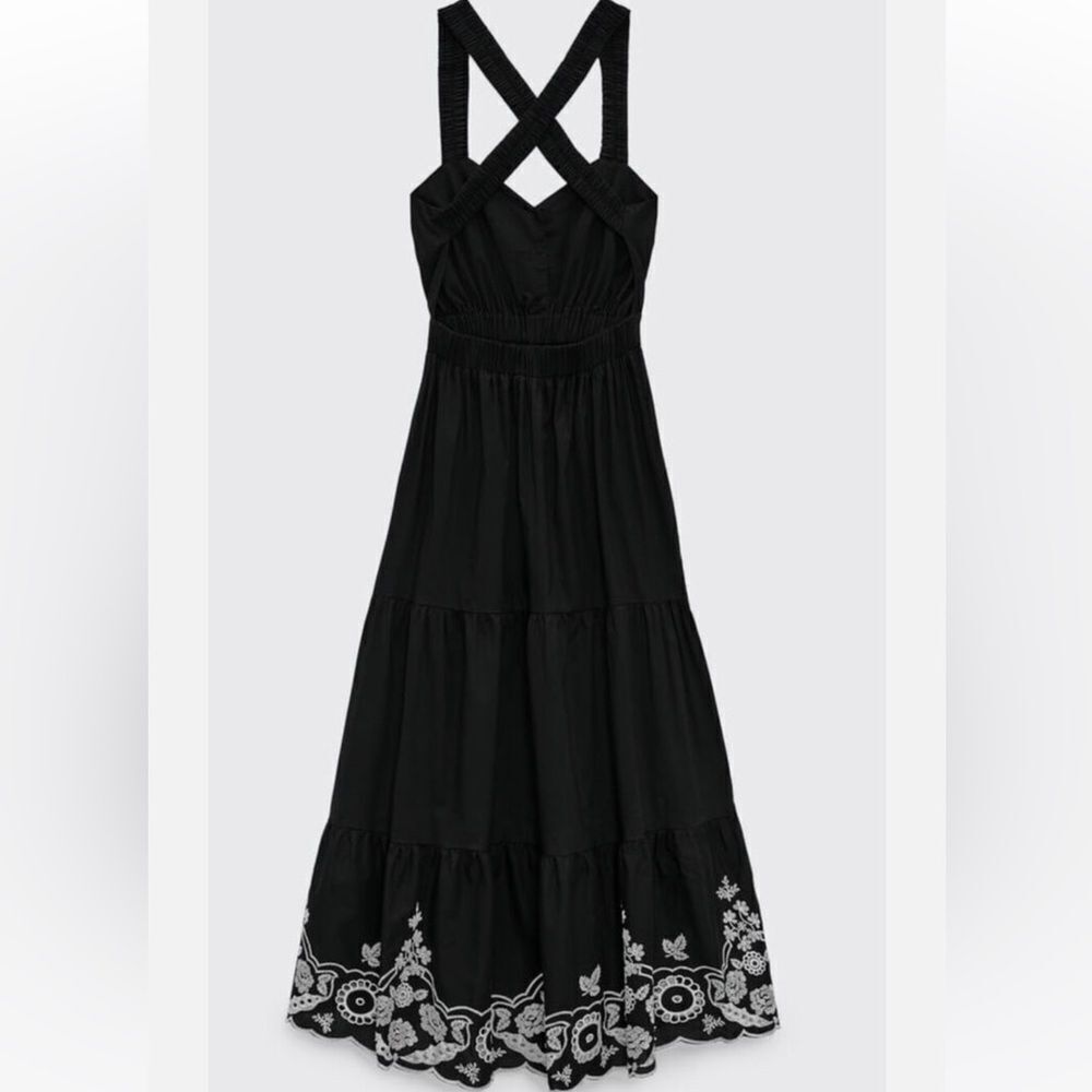 Zara black poplin embroidered midi dress with elastic cross back straps